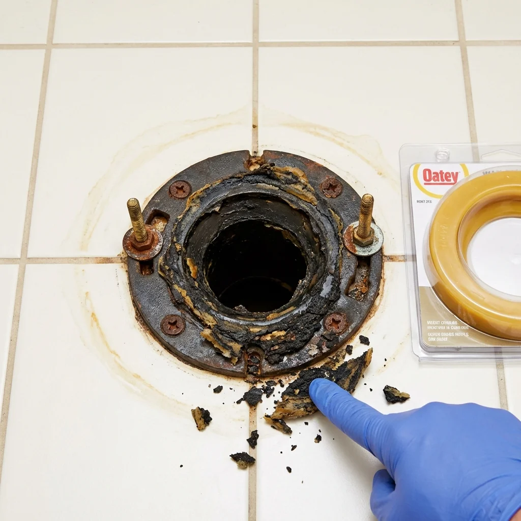 Failed wax ring showing water seepage at the base of a toilet in a Vienna, VA home
